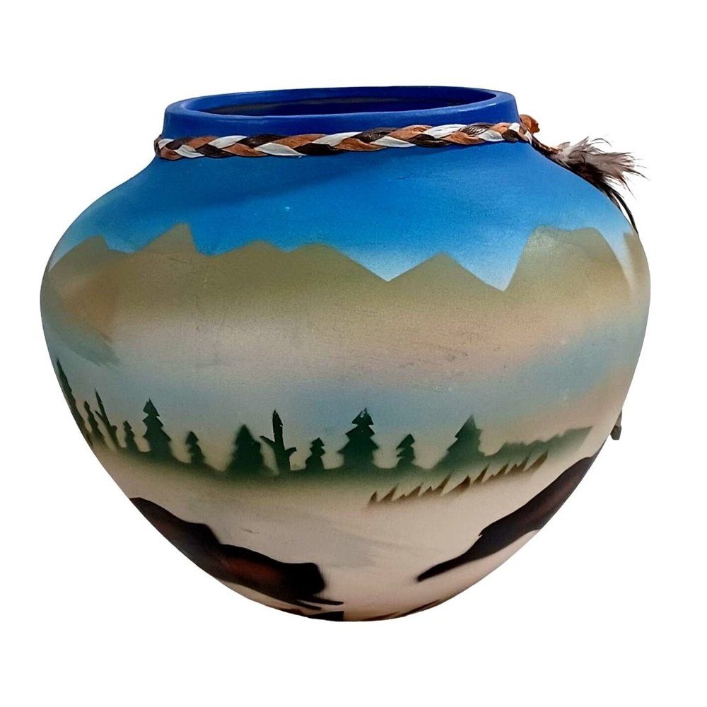 2 Native American Pottery Vases Dreamcatcher Buffalo Southwest Eagle Fea… - Picture 9 of 13